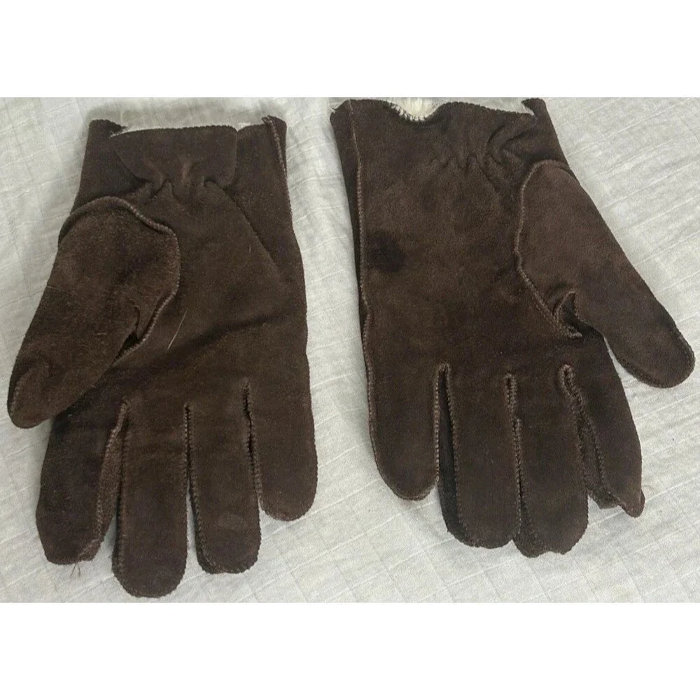 Brown Suede Gloves Size Large Faux Fur Lining Wrist Warm Made in Korea